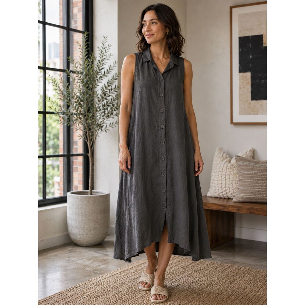 Lurdes Bergada Gray Sleeveless Button Front Lagenlook Dress Women's Small